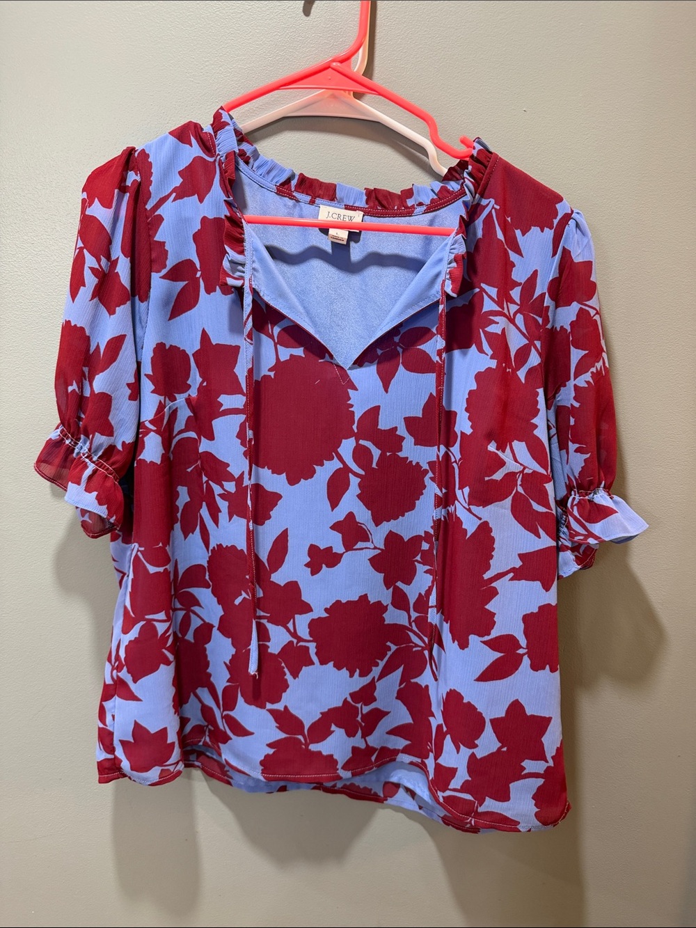 J. Crew Factory Blue and Maroon Floral Tie-Neck Blouse